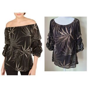 MSK Lined Blouse‎ Medium Glitter Print Floral Off The Shoulder Puffed Sleeves
